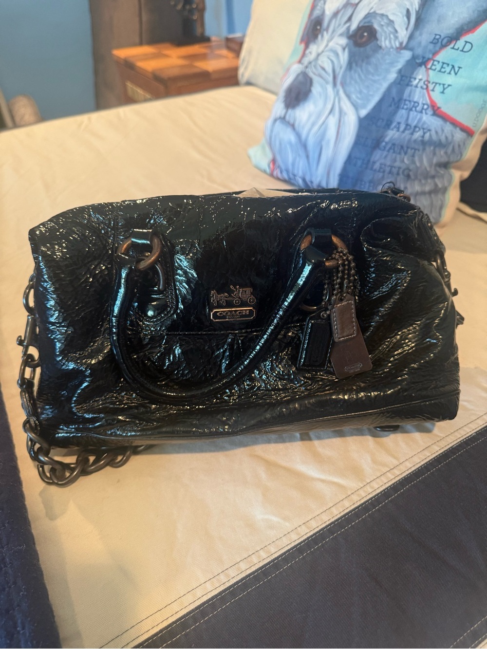 Coach Black Patent Leather Satchel with Chain Strap